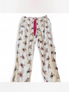 Cream Teddy Bear Print Pajama Pants with Pink Drawstring